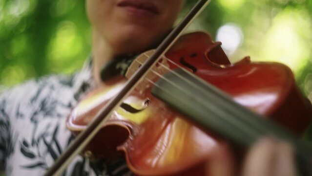 Close-up fiddler playing the violin, bow stroke on classical instrument