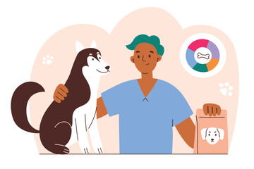 Fototapeta premium Pet diet and nutrition illustration, hand drawn scene with vet doctor and siberian huski, vector illustration of dog food pack, feeding puppy consultation, veterinary clinic, colored clipart