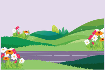 Landscape with mountain, grass, trees, and clouds. Nature concept. Colored flat vector illustration isolated.