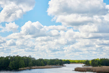 Landscape with a river and a forest on the shore. The nature of the central part of Eurasia.