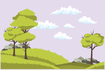 Landscape with mountain, grass, trees, and clouds. Nature concept. Colored flat vector illustration isolated.