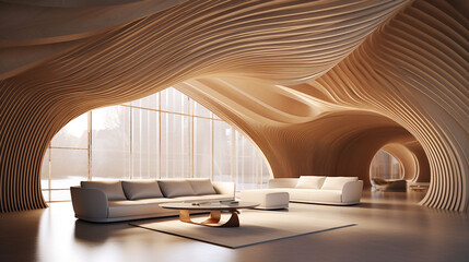 elegant abstract wooden arched ceiling and wall with curved lines. modern living room. - obrazy, fototapety, plakaty