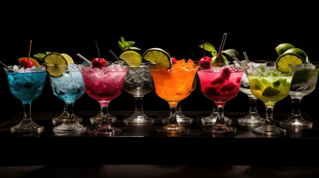  set of Alcoholic cocktails, Variety of alcoholic drinks and multi colored cocktails on the reflective surface of bar counter,Panorama banner with an assortment of colorful exotic alcoholic cocktail	