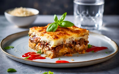 Capture the essence of Moussaka in a mouthwatering food photography shot Generative AI - obrazy, fototapety, plakaty
