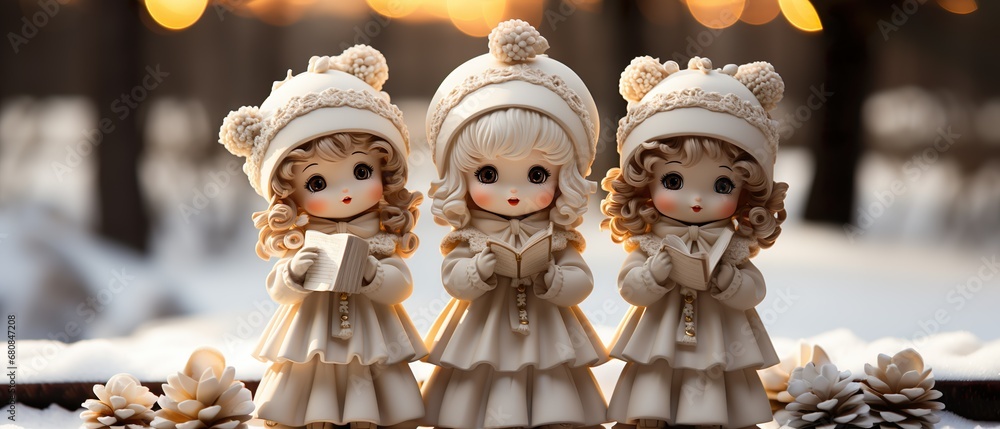 Wall mural fairytale cute angel dolls made of porcelain sing christmas carols, background banner for church choir for christmas card, web, social media, newsletter