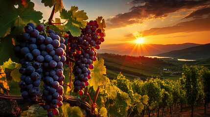 Ripe grapes in vineyard at sunset, Beautiful sunset over Tuscan vineyards. - obrazy, fototapety, plakaty