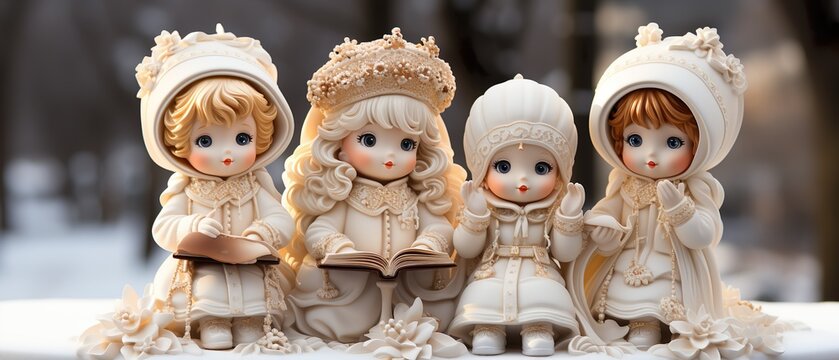fairytale cute angel dolls made of porcelain sing christmas carols, background banner for church choir for christmas card, web, social media, newsletter