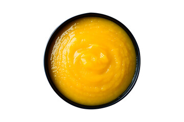 Butternut squash pumpkin soup in bowl, Top view