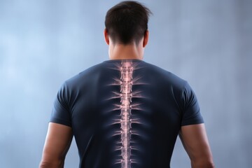 Spine pain, man with backache and ache in the neck, black and white photo with red backbone on gray background - obrazy, fototapety, plakaty
