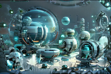 The scenes include advanced machinery, spherical elements, and glowing lights, set against a backdrop of a vast cosmic landscape.