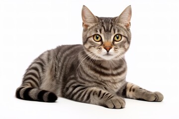 Close-up of a striped cat with bright green eyes laying down on a white background. The cat has a soft and fluffy coat, and its eyes are sparkling with curiosity.
