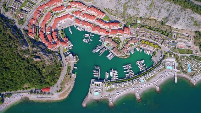 4k drone flying over footage (Ultra High Definition) of Marina di Portopiccolo, Golfo di, Trieste TS, Italy. Stunning summer scene of Portopiccolo Sistiana Beach.  Vacation concept background..