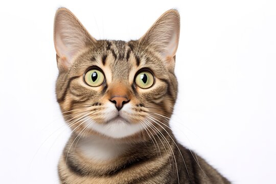 Close-up of cat's face with green eyes on white background. Potentially a tabby, European shorthair, or Bengal cat. The cat has a white patch on its chest and a black nose.