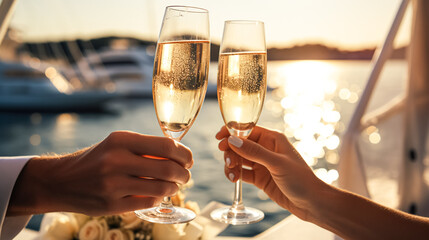 Happy couple woman and man celebrating champagne deck of yacht. Wedding, Party, fun vacation, sea voyages, ocean cruises, romantic relationship, Valentine's Day