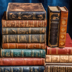  Aerial image of a set of vintage books in a leather-
