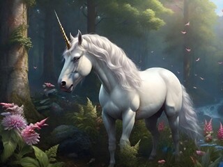 White unicorn in fantasy forest. Digital painting. 3d rendering. AI.