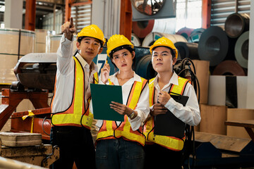 Group of engineer with factory foreman or supervisor oversee training program or conduct safety...