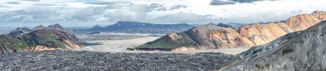 Panorama Landmannalaugar, Iceland, Bláhnúkur Mount volcano and Laugahraun lava field. Rough...