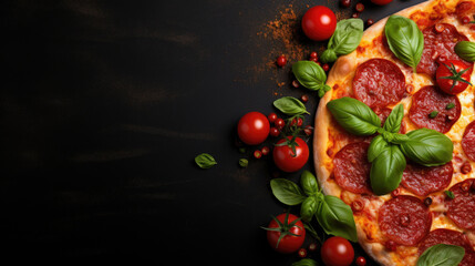 pizza italian with tomato sauce, Tasty pepperoni pizza and cooking ingredients tomatoes basil on black concrete background. Top view of hot pepperoni pizza. Banner.Space for text. Italian restaraunt - obrazy, fototapety, plakaty