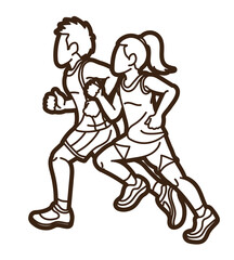 Fototapeta na wymiar Children Running Boy and Girl Playing Together Exercise Runner Jogging Cartoon Sport Graphic Vector