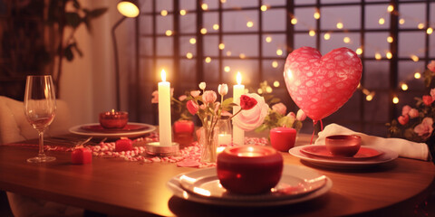 Romantic setting for Valentine's Day, glasses and plates for nice dinner, festive atmosphere with flowers, candles, heart baloons