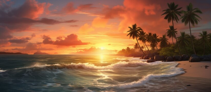 Beautiful landscape sunrise or sunset over the tropical beach.AI generated image