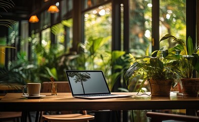 Digital oasis: A laptop among lush plants captures a serene workspace in a modern café ambiance.