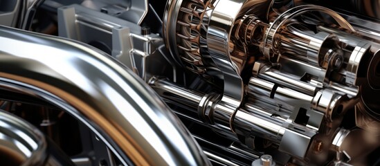 Shiny chrome parts in car engine close up view. AI generated image