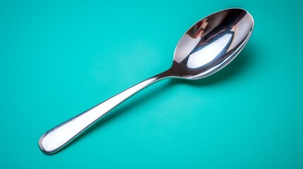Polished silver ladle and spatula on a vibrant turquoise background.