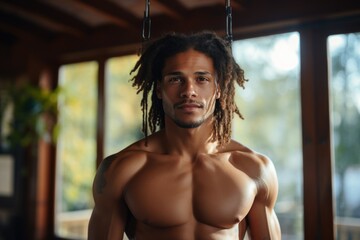 Obraz premium Athletic black man exercising with fitness equipment.