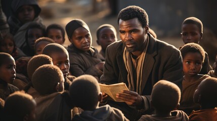 African pastor or priest preaching in village outside to group of poor looking children. - obrazy, fototapety, plakaty