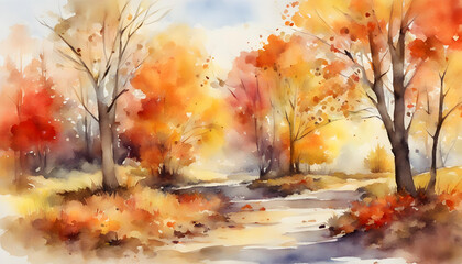 Watercolor fantasy with autumn trees, lakes in the forest.