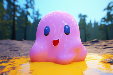 Cute pink blob with funny face outdoors