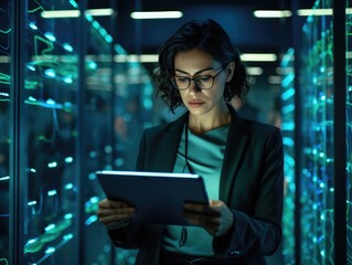 A young woman with a tablet computer stands in the middle of the server room and checks the operation of the servers and automation. Data storage and transmission. Cybersecurity.