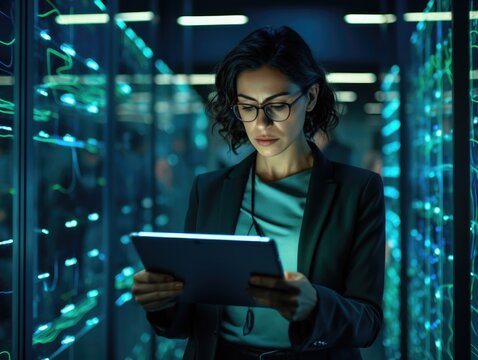 A young woman with a tablet computer stands in the middle of the server room and checks the operation of the servers and automation. Data storage and transmission. Cybersecurity. - Powered by Adobe