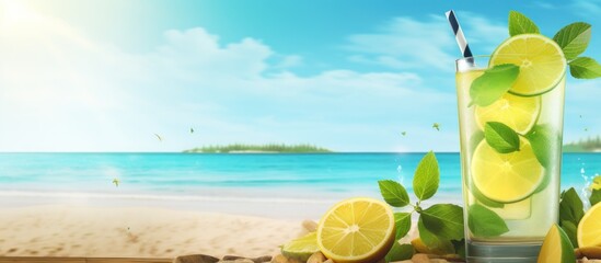Fresh summer drink of lemonade on tropical beach background