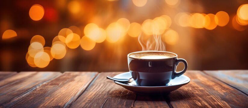 Cup hot coffee on wooden table blurred background. AI generated