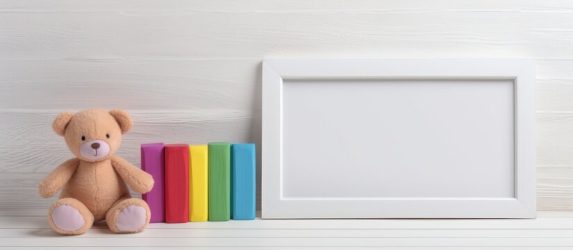 Teddy bear with rainbow pastel toy and blank wood frame in white desk.AI generated image