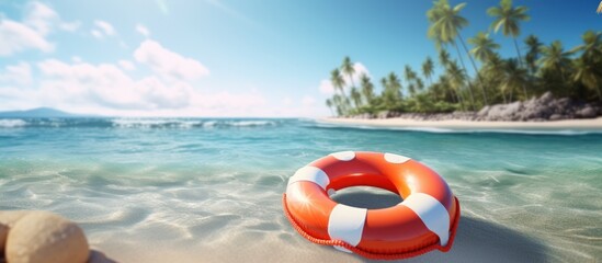 Tropical beach with lifebuoy at sand at summer. AI generated image - obrazy, fototapety, plakaty