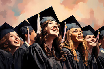 Happy high school graduates in caps. School graduation - obrazy, fototapety, plakaty