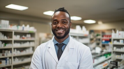 Obraz premium A man pharmacy worker smiles welcomingly against the background of shelves with medicines. Sale of medicines.