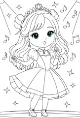 Coloring page chibi princess as a famous singer performing on stage