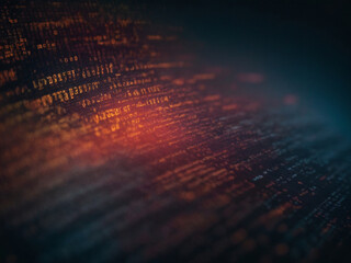 Close-up images of computer code data on a screen, displaying an array of programming languages with a depth of field effect. The orange and blue tones give a warm and cool contrast - Powered by Adobe
