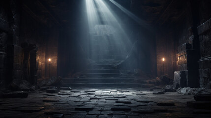 A mysterious and foreboding dark stone background, pierced by the piercing beams of spotlights. AI...