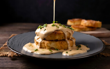 Capture the essence of Biscuits and Gravy in a mouthwatering food photography shot Generative AI