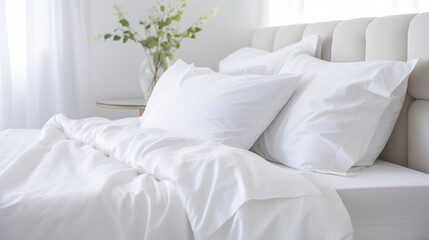 A neatly folded white duvet lies on a white bed, a simple yet elegant statement of comfort and style. AI Generated.
