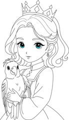 Coloring page of a cute princess and parrot for kids
