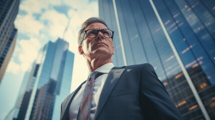 Fototapeta premium A middle-aged businessman in a business suit against the backdrop of high-rise buildings in the business district. Low angle.