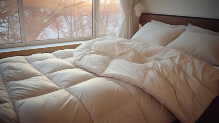An ivory duvet quilt, soft and warm, lies invitingly on a bed in a cozy bedroom. It is a perfect way to prepare for the winter season, whether you are at home or staying at a hotel. AI Generated.