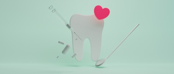 3d object illustration for dentist tooth with tools of medical health care for dental clinic...